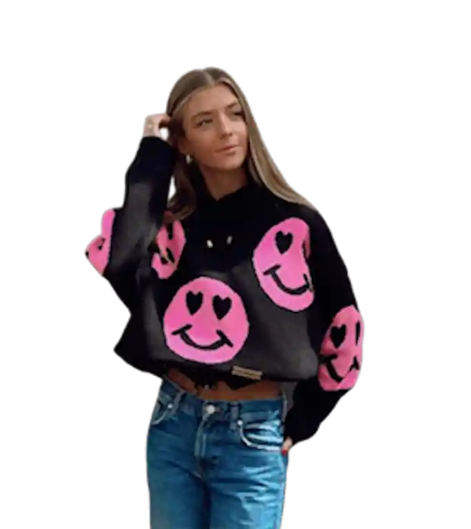 Sweater Poleron Luz Vibrant Smiley Negro Caritas Rosa