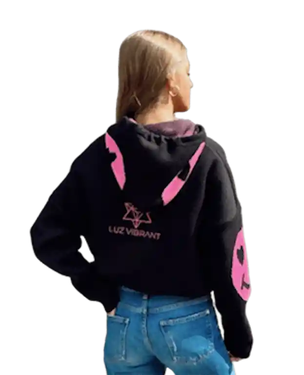 Sweater Poleron Luz Vibrant Smiley Negro Caritas Rosa