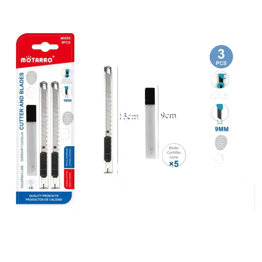 Juego De 2 Corta Carton Ancho 9 Mm + Repuesto Adicional