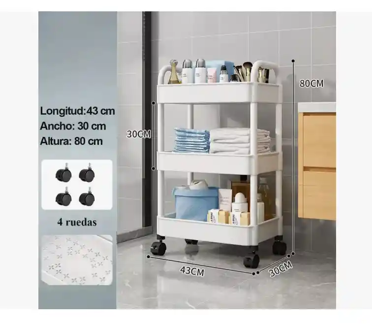 Carro Organizador Almacenaje Con 3 Estantes Y Ruedas