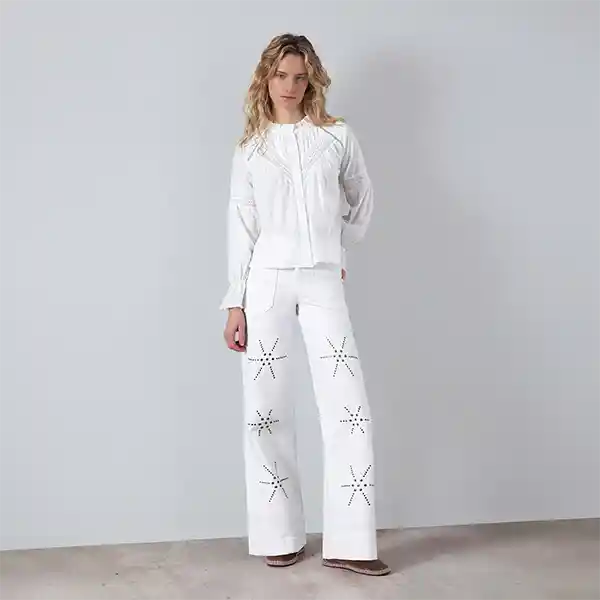Pantalón Blanco Flores Tachas 42 Mujer Raindoor