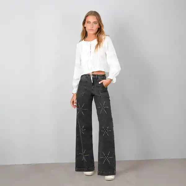 Pantalón Negro Flores Tachas 34 Mujer Raindoor