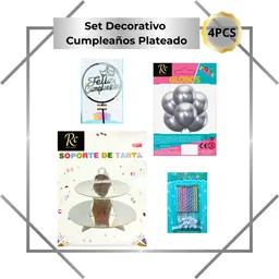 🎉✨ Set Decorativo De Cumpleaños Plateado – Soporte Para Postres + Topper “feliz Cumpleaños” + Velas 🎂+ Globos Plateados🎈 | ¡solo En Regalos Chic!