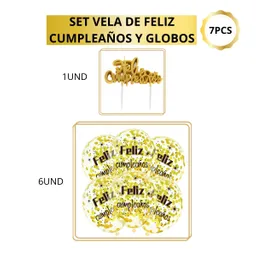 Set Exclusivo Regalos Chic: Vela Feliz Cumpleaños Dorada + Globos Confeti (7 Pcs)