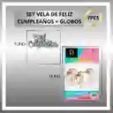 Set Exclusivo Regalos Chic: Vela Feliz Cumpleaños Plata + Globos Confeti (7 Pcs)
