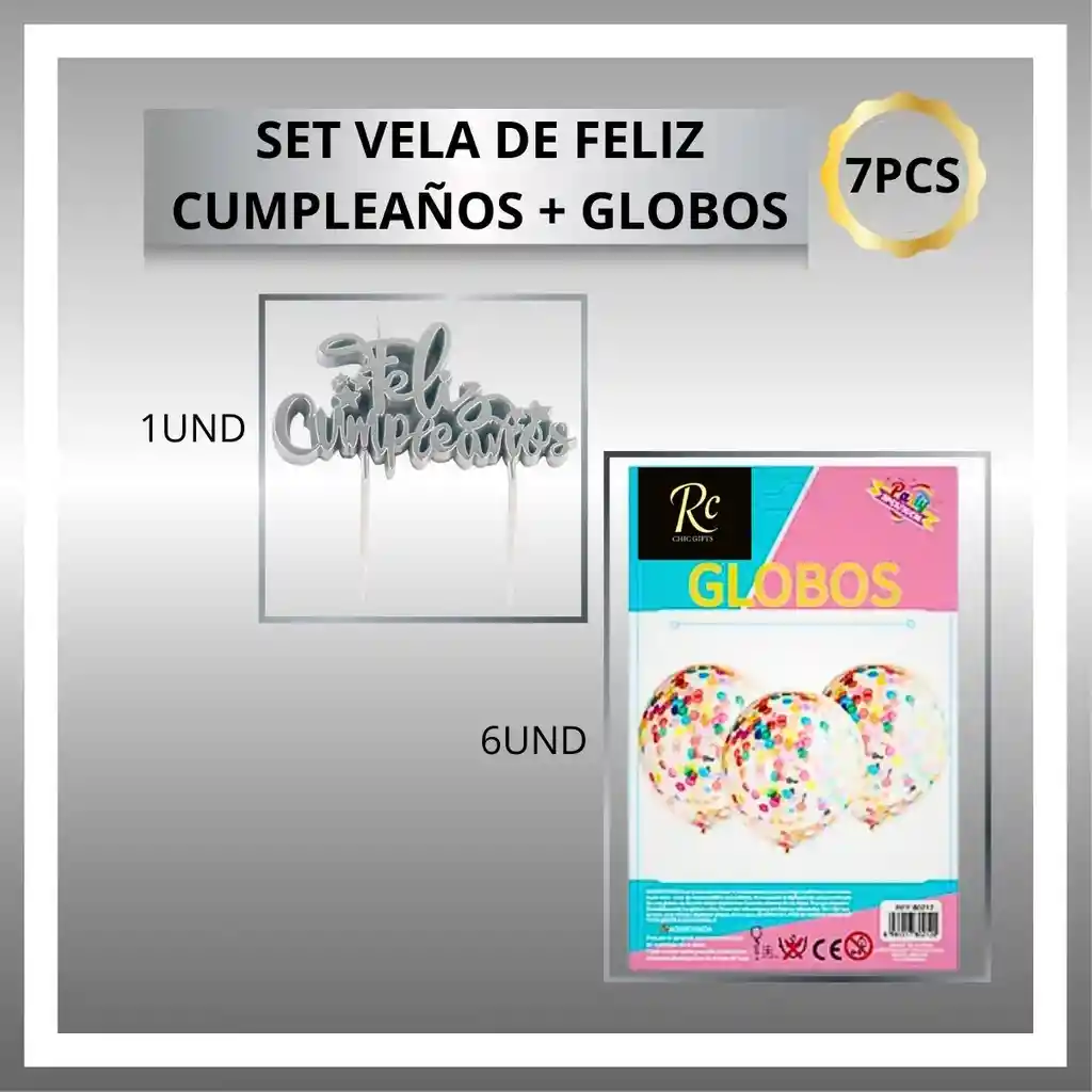 Set Exclusivo Regalos Chic: Vela Feliz Cumpleaños Plata + Globos Confeti (7 Pcs)