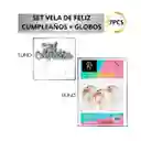 Set Exclusivo Regalos Chic: Vela Feliz Cumpleaños Plata + Globos Confeti (7 Pcs)