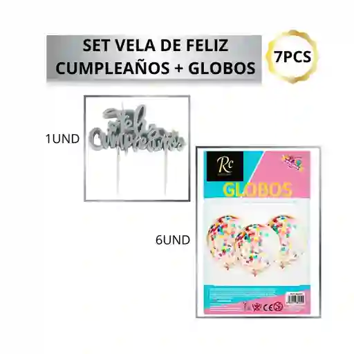 Set Exclusivo Regalos Chic: Vela Feliz Cumpleaños Plata + Globos Confeti (7 Pcs)