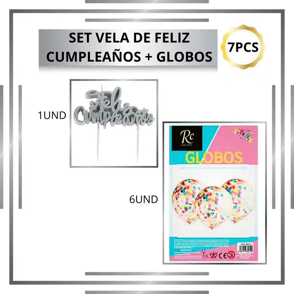 Set Exclusivo Regalos Chic: Vela Feliz Cumpleaños Plata + Globos Confeti (7 Pcs)