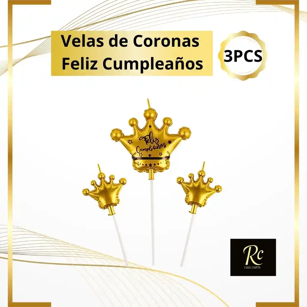 Velas Corona Feliz Cumpleaños Dorado Brillante (3 Pcs) - El Toque Real Único De Regalos Chic