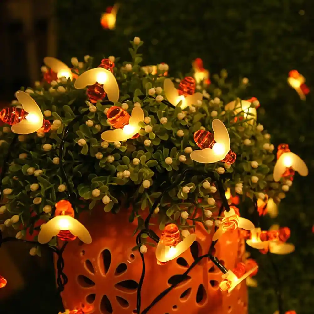 Guirnalda Solar, 50 Abejas Led, 12 Metros, Luz Calida, Con Estaca, Luz Fija Y Efectos En Caja