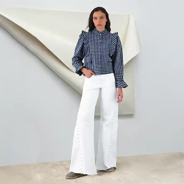 Pantalón Wide Leg Corte Lateral Tachas Blanco 42 Mujer Raindoor