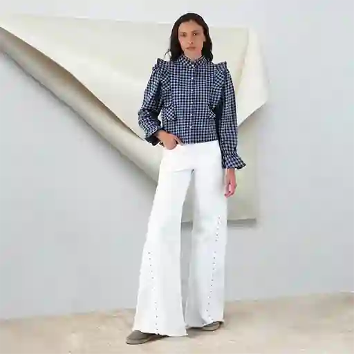 Pantalón Wide Leg Corte Lateral Tachas Blanco 40 Mujer Raindoor