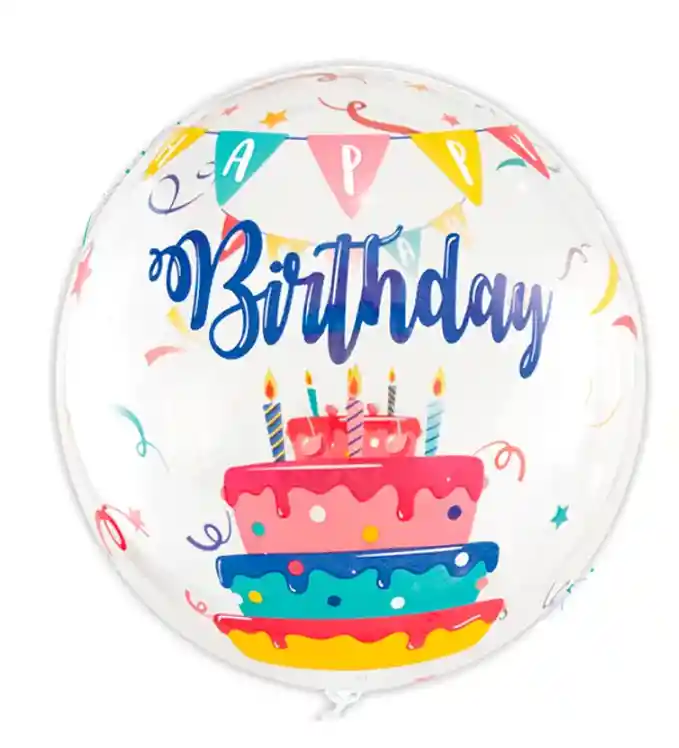 Globo Burbuja "happy Birthday" Con Torta (80 Cm) - Exclusivo Regalos Chic