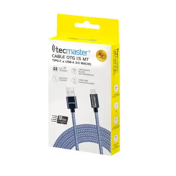 Tecmaster Cable Otg 1.5 Mtrs, Braided Reforzado Bicolor Tipo-c A Usb-a 3.0 -macho