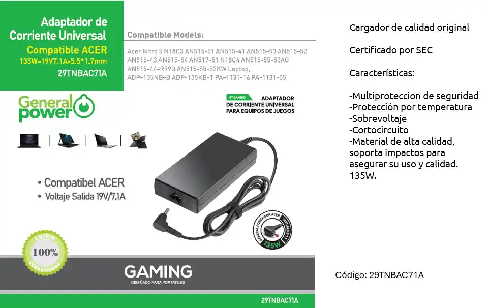 Cargador Notebook Gamer General Power Acer 5.5×1.7mm 19v/7.1a 135w
