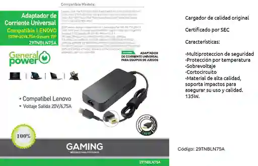 Cargador Notebook Gamer General Power Lenovo Tipo Usb 20v/6.75a 135w