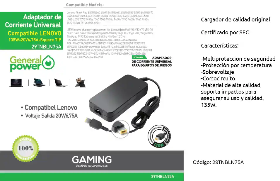 Cargador Notebook Gamer General Power Lenovo Tipo Usb 20v/6.75a 135w