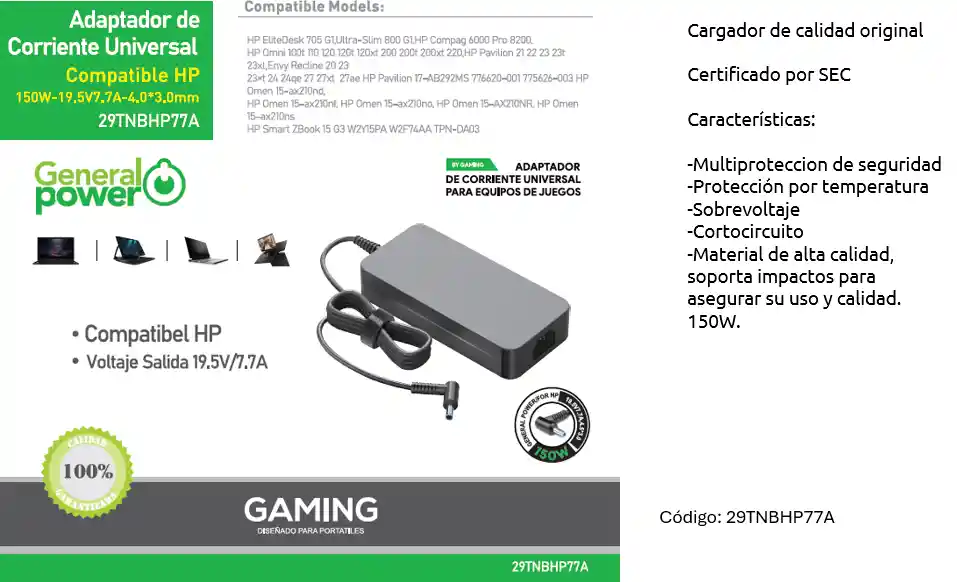 Cargador Notebook Gamer General Power Hp 4.5×3.0mm 19.5v/7.7a 150w
