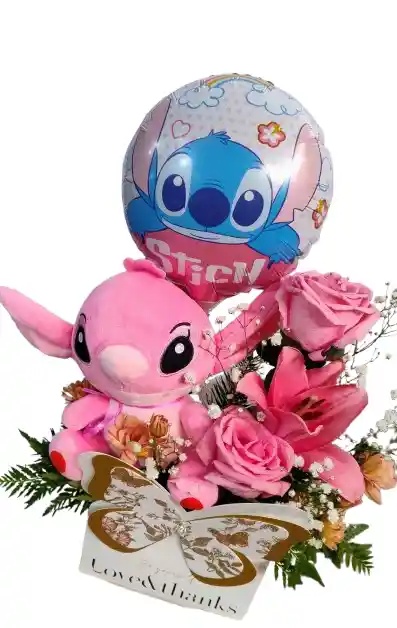 Arreglo Floral En Cartera Con Rosas, Liliums, Angela Y Globo Tematico