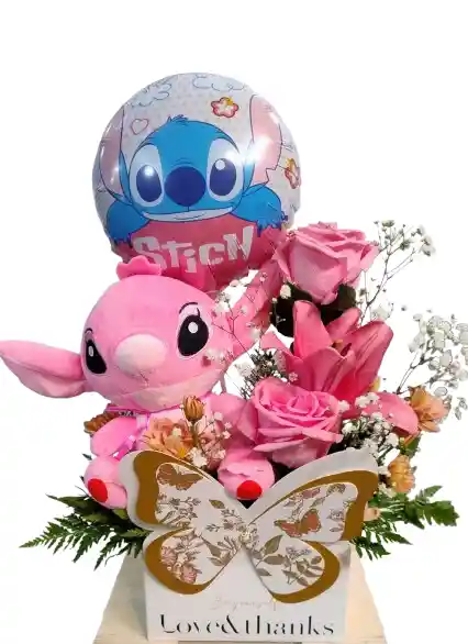 Arreglo Floral En Cartera Con Rosas, Liliums, Angela Y Globo Tematico