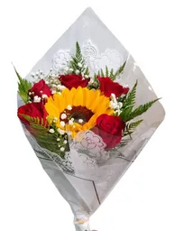 Ramo Floral Con 1 Girasol Y 5 Rosas Rojas