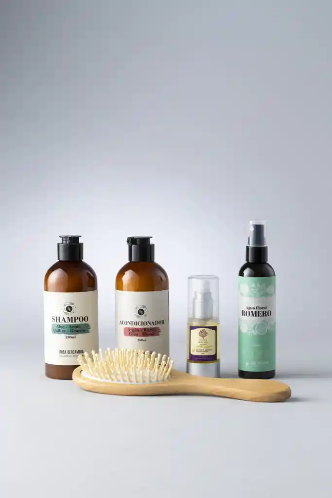 Pack Anticaída: Shampoo Acondicionador 250ml + Aceite De Argán 30ml + Agua De Romero 120ml + Cepillo De Madera De Regalo