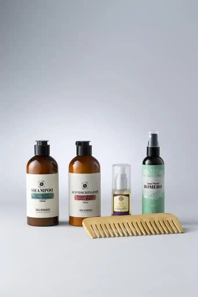 Pack Anticaída: Shampoo Acondicionador 250ml + Aceite De Argán 30ml + Agua De Romero 120ml + Peineta De Madera De Regalo