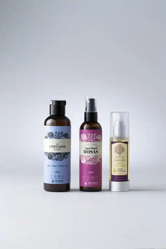 Pack Rutina Facial Básica Gel Limpiador Agua Rosas Y Aceite Argán