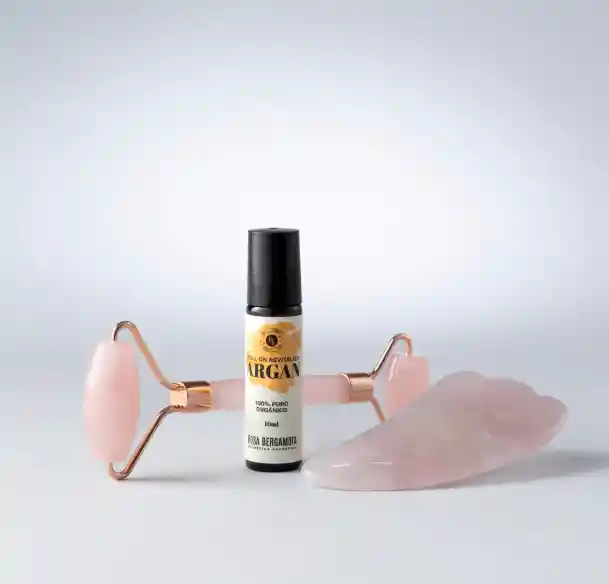 Rodillo Facial Cuarzo Rosa + Piedra Gua Sha + Roll On Argán