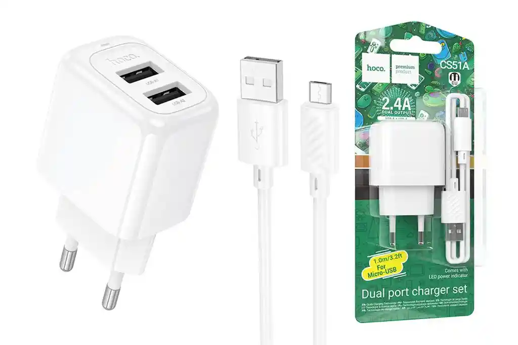 Cargador Dual Usb + Cable Micro Usb V8 2.4a - Hoco Cs51a