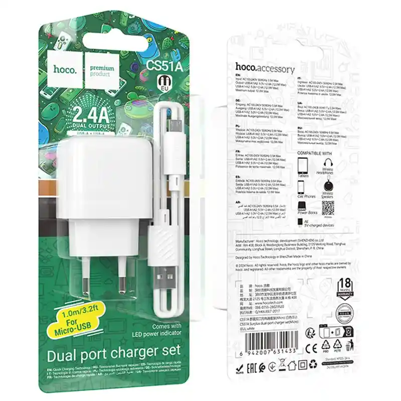 Cargador Dual Usb + Cable Micro Usb V8 2.4a - Hoco Cs51a