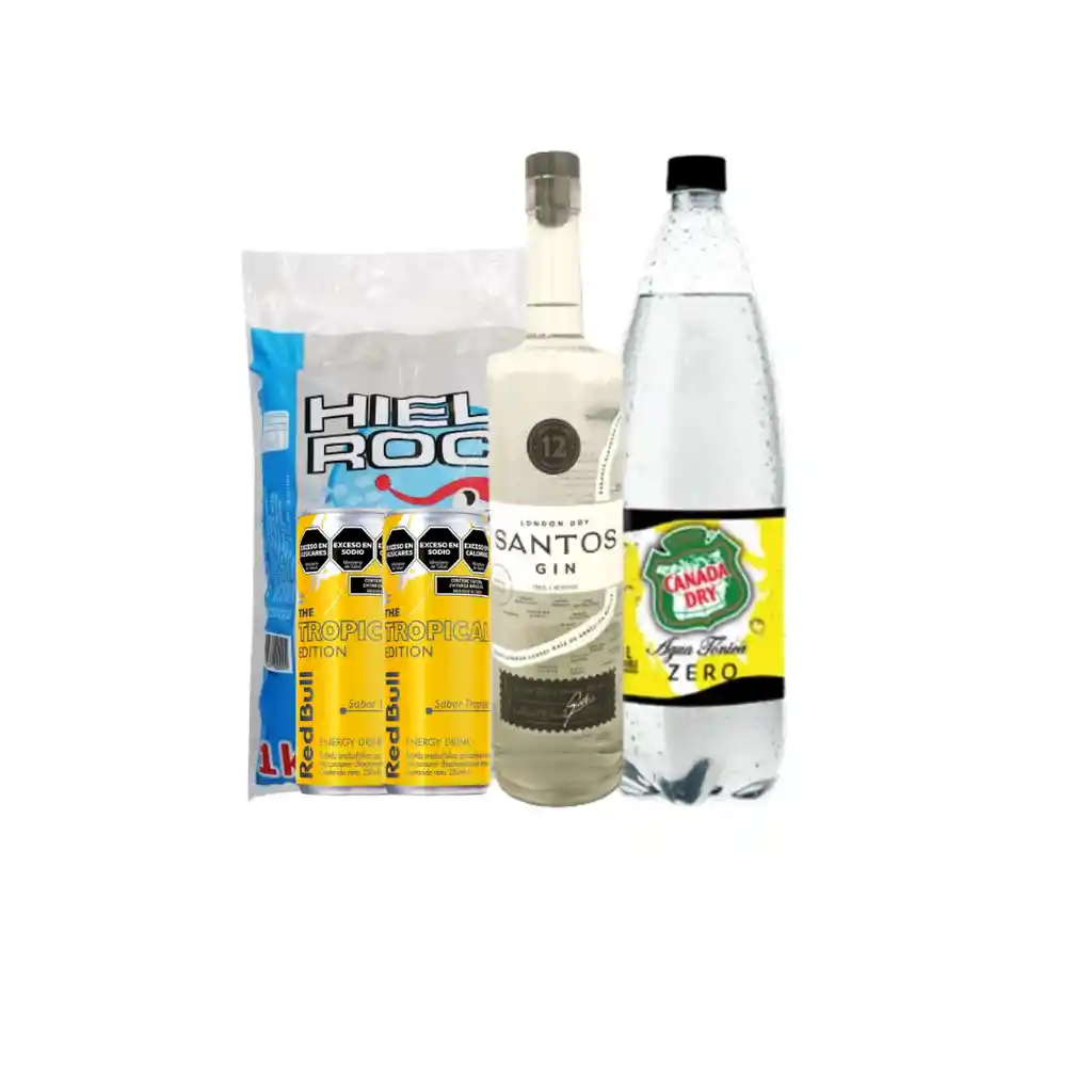 Promo Tropical Gin: Gin Santos + 2 Redbull Yellow + Tonica Zero + Hielo 1kg