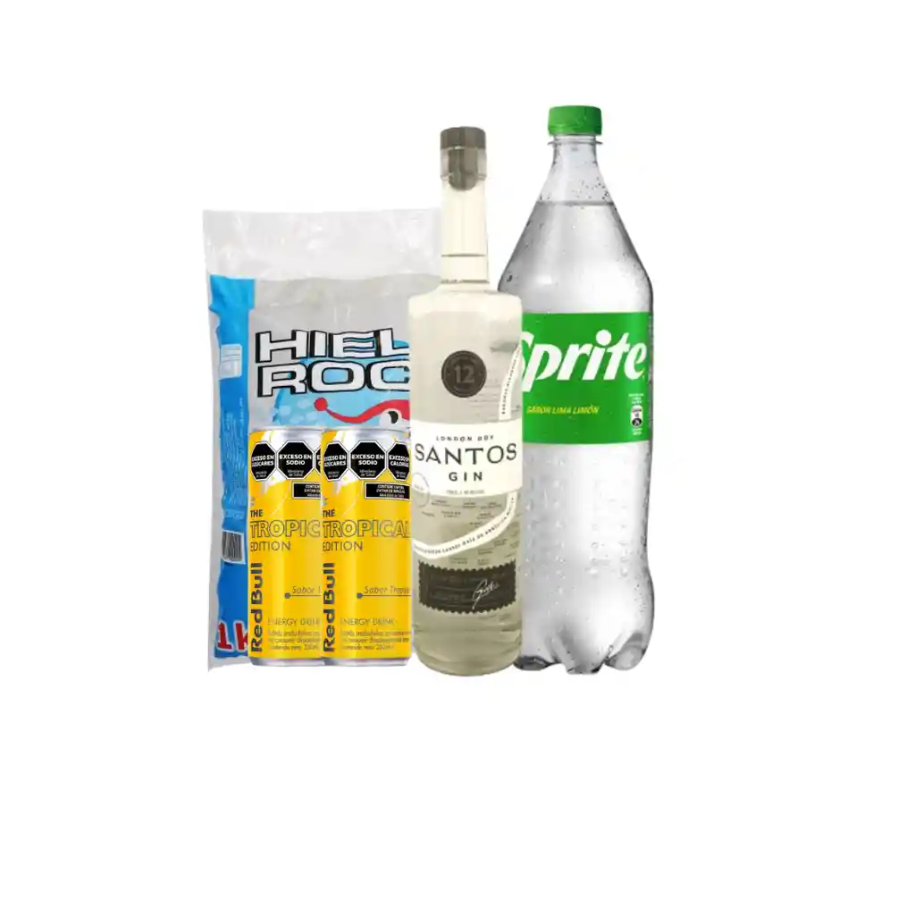 Promo Tropical Gin: Gin Santos + 2 Redbull Yellow + Sprite + Hielo 1kg