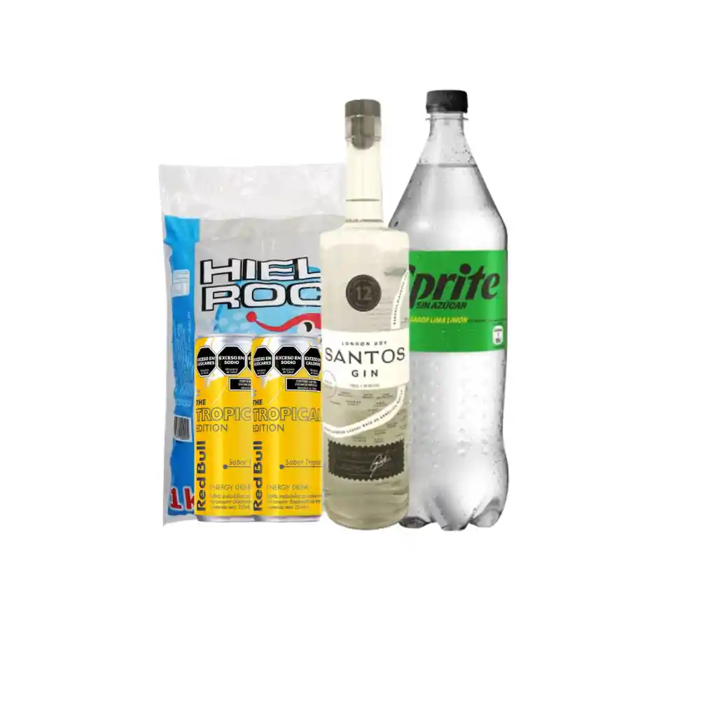 Promo Tropical Gin: Gin Santos + 2 Redbull Yellow + Sprite Zero + Hielo 1kg