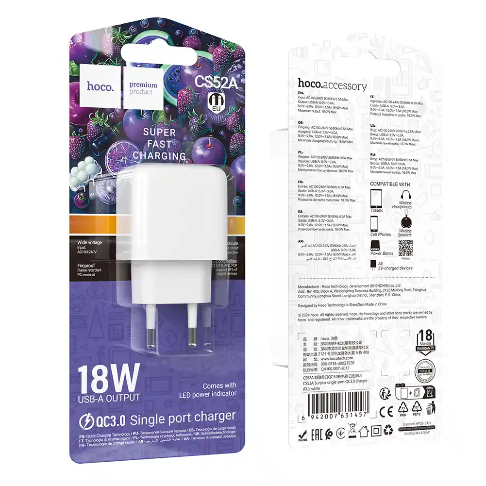 Cargador Adaptador Puerto Usb Qc3.0 18w Solo - Hoco Cs52a