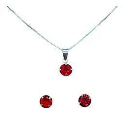 Conjunto Cadena Aros Punto De Luz Rojo Plata 925 Mas Caja De Regalo
