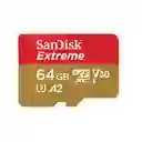 Memoria Microsdxc 64gb Sandisk Extreme U3 A2 V30 4k Uhd2 Lectura 170mb/s Escritura 130mb/s