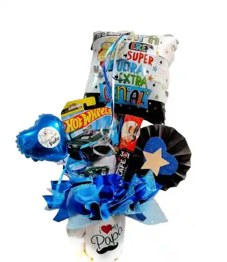 Arreglo Para Papa En Tazon Con Auto Hot Wheels, Cafe Y Globos