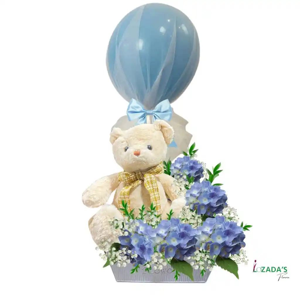 Sueños Celestes – Arreglo Con Hortensias, Peluche Y Globo