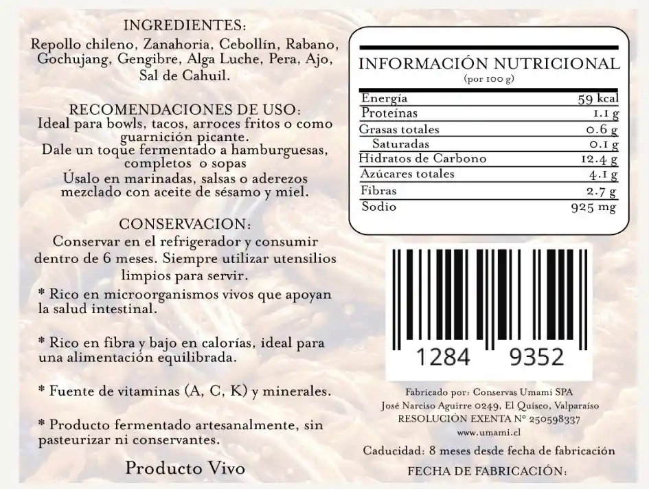 Kimchi Coreano Con Repollo Chileno, 400 Grs Umami