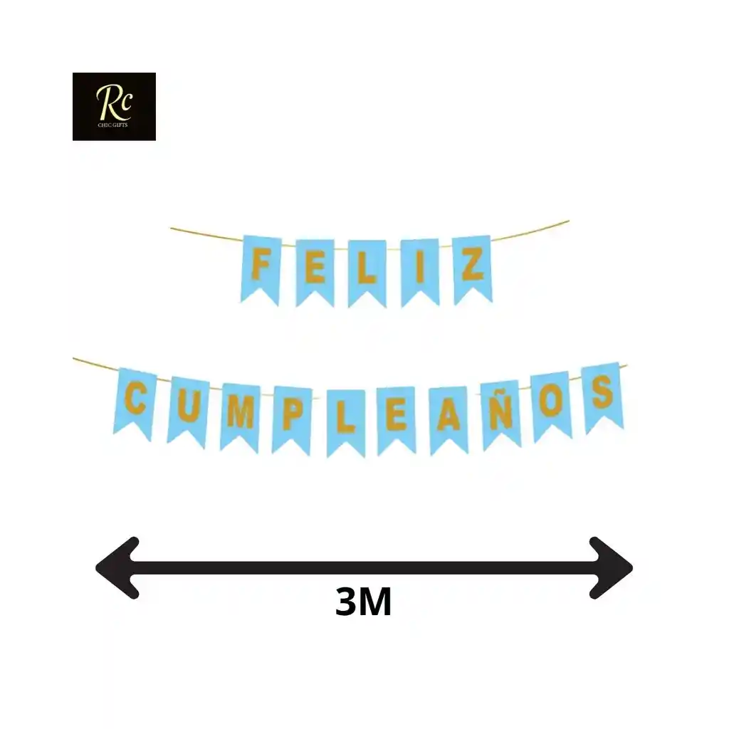 Guirnalda "feliz Cumpleaños" Dorado Y Azul Celeste Encantadora (3 Metros) - Exclusivo Regalos Chic