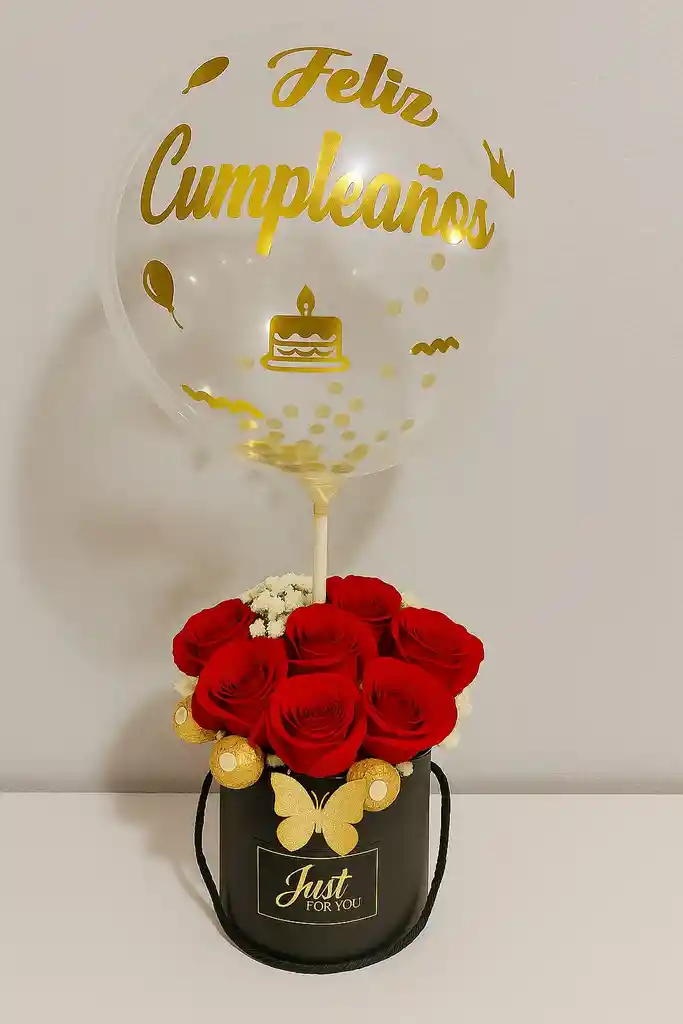 20 Rosas Rojas Mas 6 Bombones Con Envase Negro Y Globo