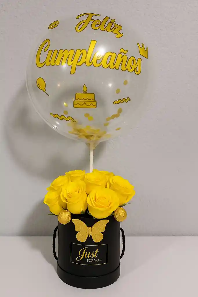 20 Rosas Amarillas Mas 6 Bombones Con Envase Negro Y Globo