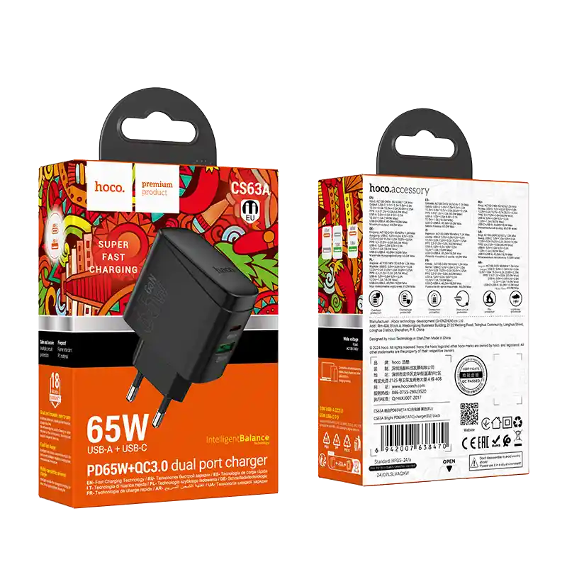 Cargador Dual Tipo C Pd 65w + Usb Qc3.0 Sin Cable - Hoco Cs63a