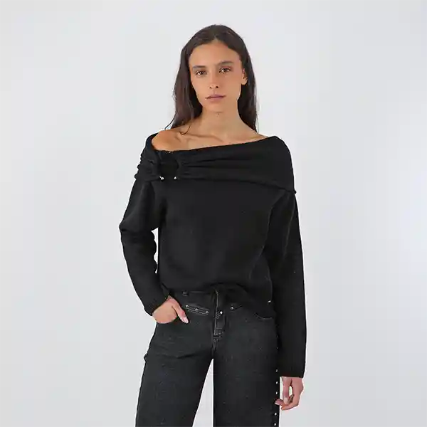 Sweater Hombro Drapeado Negro Xs Mujer Raindoor