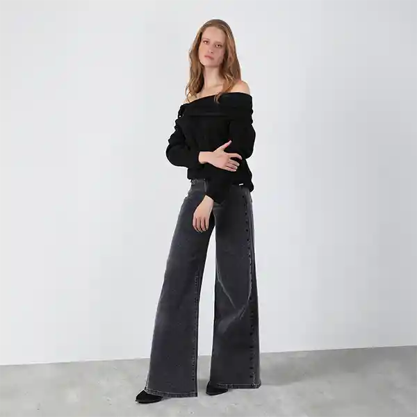 Pantalón Negro Estrellas Bordadas 42 Mujer Raindoor