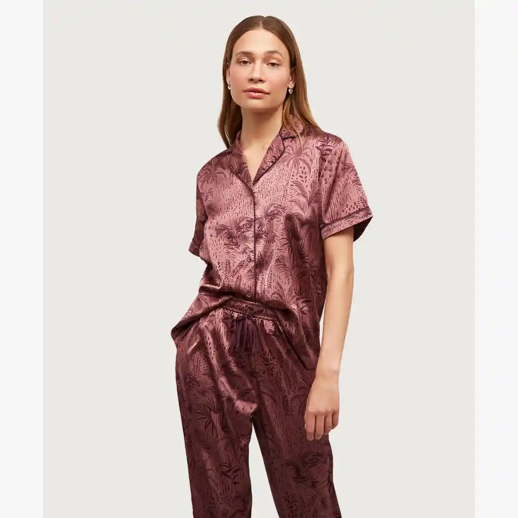 Pijama Dreamy Satinado Palmeras Xl Burdeo