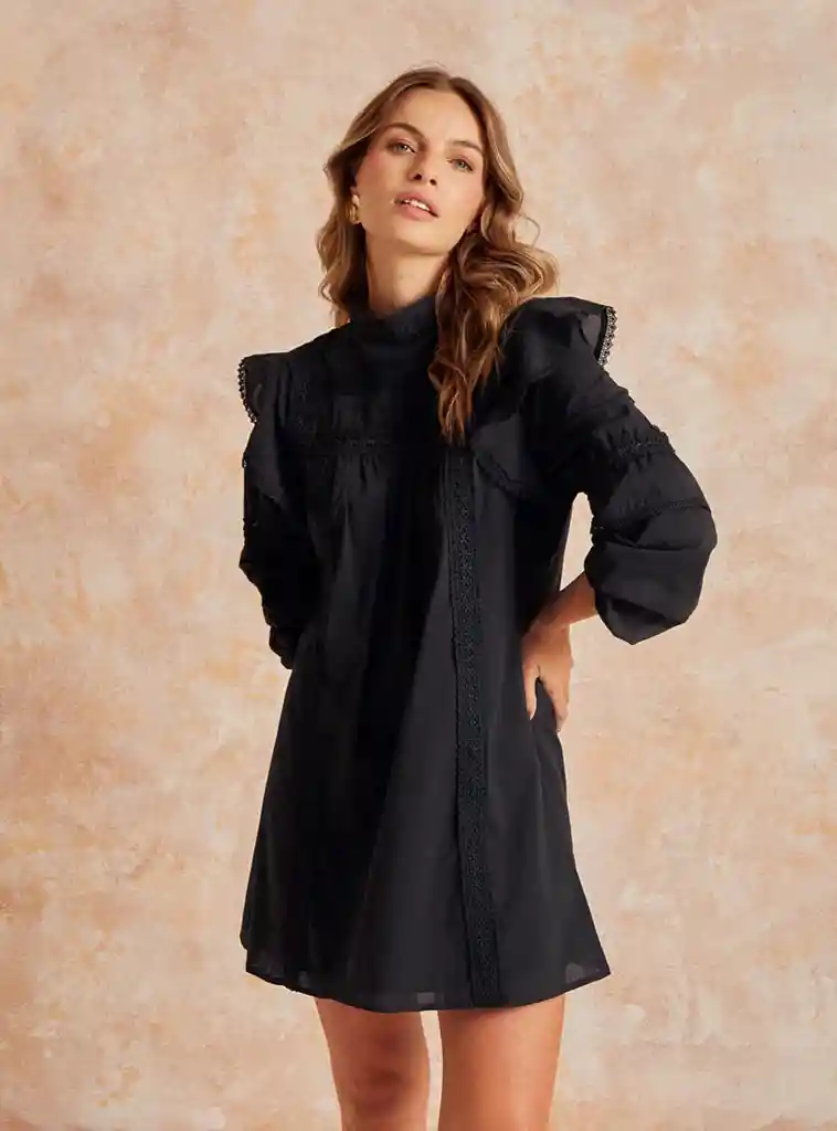 Vestido Boho Bordado Xl Negro