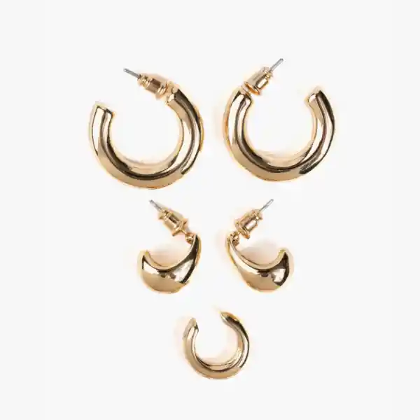 Set Aros Argollas Lisas Y Cuff Dorado